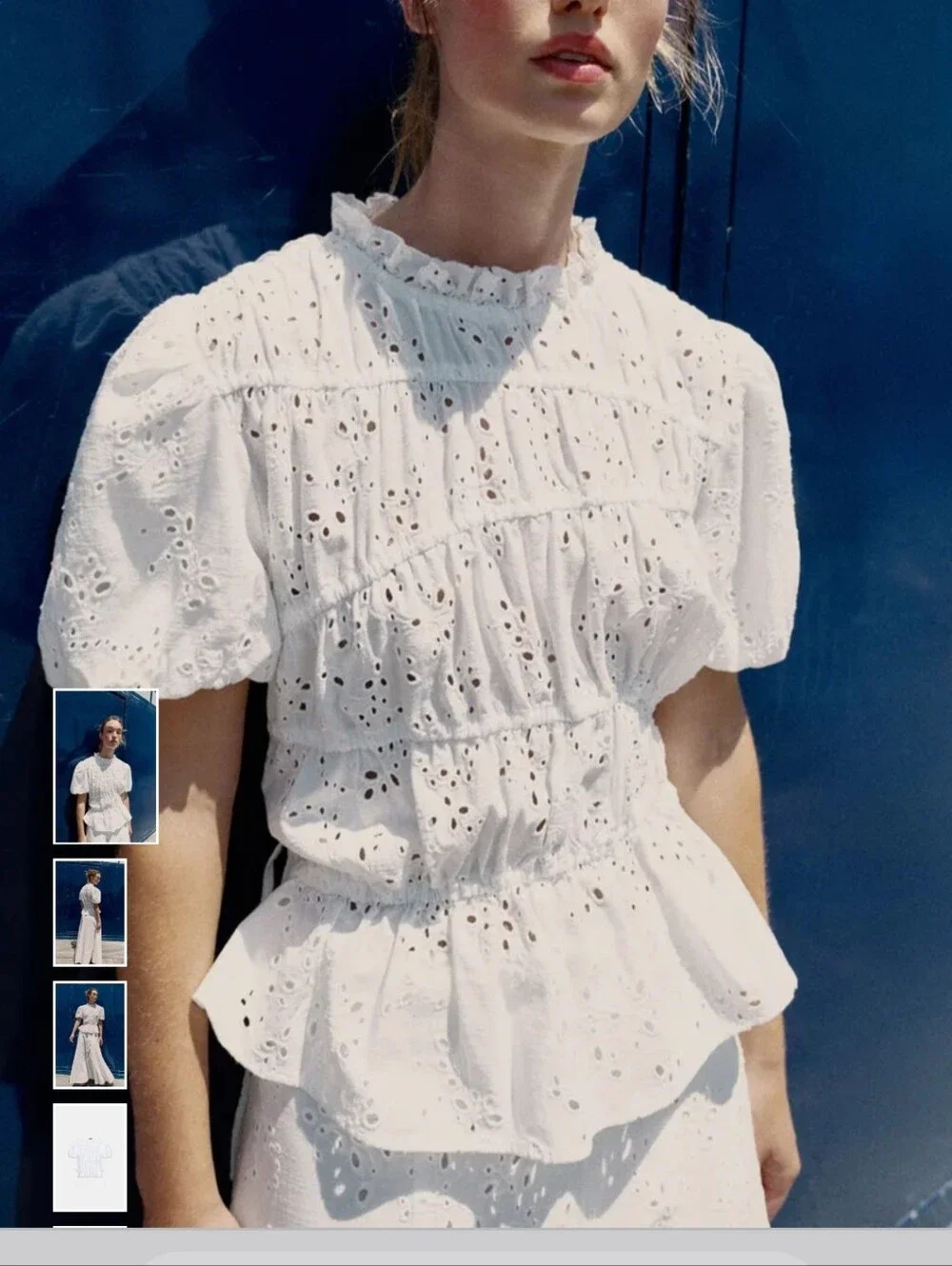 Zara White Eyelet Ruffled Peplum Blouse